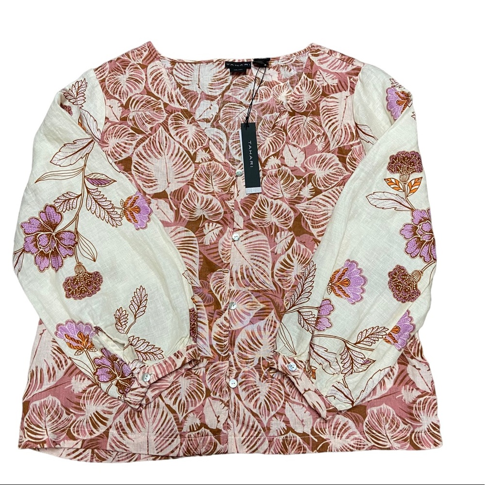 NWT! Tahari 100% Linen Long Sleeve Floral Leaf Neutral Top Size Small